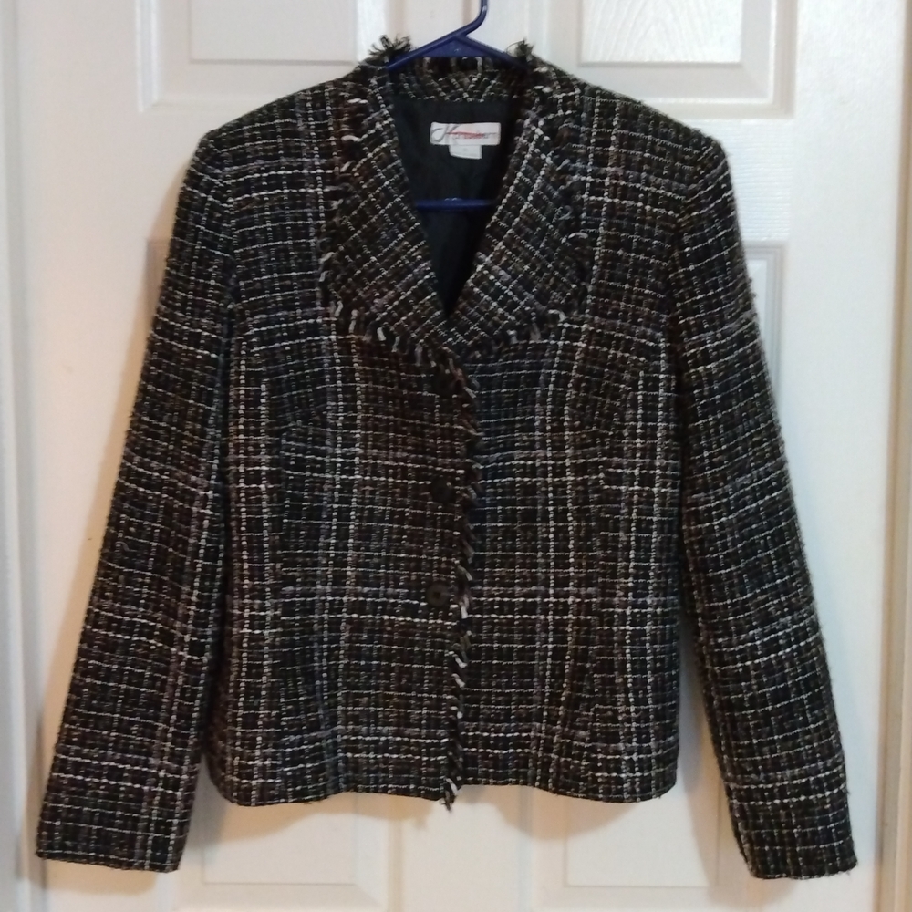 Vintage Dressbarn Tweed Knit Fringe Plaid Blazer